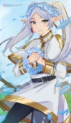 Rule 34 | 1girl, absurdres, belt, black belt, black pantyhose, blue flower, capelet, commentary, dangle earrings, dress, earrings, falling petals, flower, frieren, green eyes, head wreath, highres, holding, holding wreath, jewelry, knowname, long hair, long sleeves, looking at viewer, mixed-language commentary, outdoors, pantyhose, parted bangs, petals, pointy ears, shirt, sky, solo, sousou no frieren, striped clothes, striped shirt, twintails, twitter username, white capelet, white dress, white hair