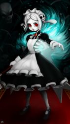 Rule 34 | 1girl, apron, black nails, bloody marie (skullgirls), brooch, carpet, dress, fire, frilled apron, frilled dress, frills, hair ornament, highres, jewelry, juliet sleeves, long sleeves, maid apron, nail polish, puffy sleeves, red eyes, rug, sansenyama, skeleton, skull, skull hair ornament, skullgirls, solo, standing, twintails