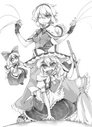 Rule 34 | 2girls, alice margatroid, arm support, braid, broom, buckle, capelet, female focus, fingerless gloves, gloves, greyscale, hat, hikawa shou, jewelry, kirisame marisa, kneeling, monochrome, multiple girls, on one knee, one eye closed, puppet rings, puppet strings, ring, shanghai doll, side braid, touhou, witch hat