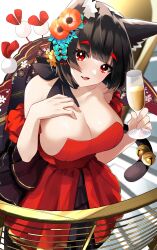 Rule 34 | 1girl, absurdres, animal ears, azur lane, bell, black hair, breasts, cat ears, cat tail, cleavage, cocktail glass, collarbone, cup, dress, drinking glass, evening gown, floral print, flower, frilled dress, frills, hair flower, hair ornament, hand on own chest, highres, holding, holding cup, large breasts, mismatched eyebrows, official alternate costume, red dress, red eyes, short hair, sleeveless, sleeveless dress, strapless, strapless dress, tail, tail bell, tail ornament, yamaha tsui, yamashiro (azur lane), yamashiro (dressy black cat) (azur lane)