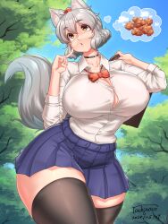 Rule 34 | 1girl, absurdres, ahoge, alternate costume, animal ear fluff, animal ears, bag, black choker, black thighhighs, blue skirt, bow, bowtie, breasts, brown background, brown eyes, button gap, buttons, choker, commentary request, covered erect nipples, cowboy shot, dated, day, fried chicken, grey hair, hat, highres, huge breasts, inubashiri momiji, looking afar, medium bangs, miniskirt, open mouth, outdoors, pleated skirt, red bow, red bowtie, red hat, school bag, school uniform, short hair, signature, skirt, solo, tail, thick thighs, thighhighs, thighs, thinking, tochinoko, tokin hat, touhou, tree, walking, wolf ears, wolf girl, wolf tail, zettai ryouiki