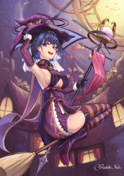 Rule 34 | 1girl, absurdres, armpits, bare shoulders, blue eyes, boots, breasts, broom, broom riding, chain, cleavage, clockwork, cloud, detached sleeves, evening, hair intakes, halloween, halloween costume, hat, head chain, high heel boots, high heels, highres, hololive, hololive english, house, jewelry, large breasts, official art, ouro kronii, radishkek, short hair, sideboob, sitting, sky, smile, solo, staff, striped clothes, striped thighhighs, thighhighs, turtleneck, virtual youtuber, witch hat, zettai ryouiki