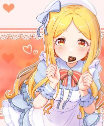 Rule 34 | 1girl, apron, blonde hair, blue dress, blush, brooch, candy, chocolate, chocolate heart, dot nose, dress, food, frilled apron, frilled dress, frills, heart, highres, idolmaster, idolmaster cinderella girls, idolmaster cinderella girls starlight stage, jewelry, long hair, looking at viewer, mochizuki hijiri, mouchi (mouchimochi), mouth hold, puffy short sleeves, puffy sleeves, red background, red eyes, scrunchie, short sleeves, smile, solo, white apron
