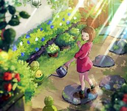 Rule 34 | 1girl, :d, blurry, blurry foreground, bob cut, boots, brown footwear, brown hair, budew, closed eyes, commentary, creatures (company), day, door, dress, flower, game freak, gen 4 pokemon, gloria (pokemon), grass, green legwear, hanenbo, happy, highres, holding, holding watering can, looking to the side, nintendo, open mouth, outdoors, pink dress, plaid, plaid legwear, pokemon, pokemon (creature), pokemon swsh, short hair, smile, socks, standing, stone, sunlight, watering can
