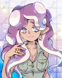 Rule 34 | 1girl, alternate costume, aqua eyes, bad id, bad pixiv id, bare shoulders, breast pocket, breasts, casual, cephalopod eyes, cleavage, commentary request, dark-skinned female, dark skin, earrings, eyes visible through hair, half-closed eyes, heart, jewelry, large breasts, looking at viewer, marina (splatoon), mole, mole under mouth, nintendo, octoling, pocket, pointy ears, purple hair, ring, smile, solo, splatoon (series), splatoon 2, tentacles, upper body