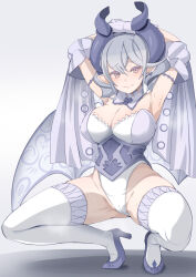 Rule 34 | 1girl, armpits, arms up, breasts, cleavage, demon girl, demon horns, demon wings, duel monster, earrings, garoudo (kadouhan&#039;i), grey eyes, highleg, horns, jewelry, large breasts, looking at viewer, lovely labrynth of the silver castle, low wings, multiple wings, presenting armpit, squatting, sweat, sweatdrop, thighhighs, thighs, wings, yu-gi-oh!