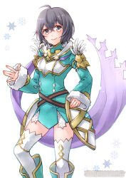 1girl ahoge armor black_hair ebi_puri_(ebi-ebi) faulds feathers fire_emblem fire_emblem_awakening fire_emblem_heroes fur-trimmed_sleeves fur_trim hood morgan_(female)_(fire_emblem) morgan_(female)_(resplendent)_(fire_emblem) morgan_(fire_emblem) nintendo purple_eyes purple_scarf scarf smile snowflakes thighhighs waving