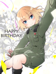 Rule 34 | 1girl, black footwear, black gloves, blonde hair, blue eyes, bob cut, boots, closed mouth, commentary, english text, floating, floral background, girls und panzer, gloves, green jumpsuit, happy birthday, highres, insignia, jumpsuit, katyusha (girls und panzer), long sleeves, looking at viewer, military, military uniform, outstretched arms, pravda military uniform, short hair, short jumpsuit, smile, solo, spread arms, streamers, uniform, vri (tinder box)