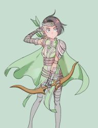 Rule 34 | 1girl, ao mtg, armor, armored boots, arrow (projectile), asymmetrical hair, bandaged hand, bandages, black hair, boots, bow (weapon), cape, corset, diadem, fantasy, female focus, gauntlets, green cape, highres, holding, holding bow (weapon), holding weapon, magic: the gathering, multicolored hair, shoulder armor, solo, vivien reid, weapon, wrist wrap