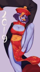 Rule 34 | 1girl, absurdres, bad id, bad twitter id, bare legs, blue skin, breasts, chinese clothes, cleavage, cleavage cutout, clothing cutout, colored skin, dress, hair between eyes, hat, highres, jiangshi, leg up, lei lei, looking at viewer, ofuda, open mouth, purple background, purple hair, qingdai guanmao, red eyes, red footwear, red hat, shoes, short hair, simple background, solo, suwaiya, vampire (game), very long sleeves