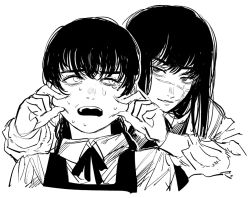 Rule 34 | 2girls, chainsaw man, cheek pinching, collared shirt, dual persona, facial scar, greyscale, long hair, long sleeves, looking at another, mitaka asa, monochrome, multiple girls, neck ribbon, open mouth, parted lips, pinching, portrait, ribbon, ringed eyes, scar, scar on cheek, scar on face, shirt, simple background, sweat, vest, white background, yoru (chainsaw man), zanki
