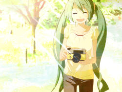 Rule 34 | ^ ^, camera, closed eyes, closed eyes, green hair, hatsune miku, long hair, nyonnyon, smile, solo, tree, twintails, very long hair, vocaloid