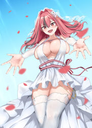 Rule 34 | 1girl, absurdres, azur lane, blue nails, blue sky, blush, breasts, bremerton (azur lane), bremerton (joyride of love) (azur lane), brown hair, cleavage, collarbone, commentary request, day, detached sleeves, dress, earrings, fingernails, flower, from below, hair between eyes, hair flower, hair intakes, hair ornament, highres, jewelry, large breasts, long hair, mole, mole on breast, mole under eye, multicolored hair, nail polish, ojisan f, open hands, open mouth, outstretched arms, petals, red eyes, red hair, red ribbon, ribbon, ring, sky, smile, solo, spread arms, streaked hair, teeth, thighhighs, thighs, two-tone hair, upper teeth only, wedding dress, white dress, white flower, white sleeves, white thighhighs, white veil