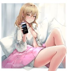 Rule 34 | 1girl, :d, bad id, bad pixiv id, bare legs, blonde hair, blush, border, breasts, cellphone, collared shirt, copyright request, curtains, dano, feet out of frame, holding, holding phone, korean text, long hair, long sleeves, looking at viewer, medium breasts, navel, no bra, official art, open clothes, open mouth, open shirt, outside border, parted lips, phone, pillow, shirt, sitting, smartphone, smile, solo, translation request, white border, white shirt, yellow eyes