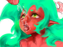Rule 34 | 10s, 1girl, colored skin, cum, demon girl, ejaculation, facial, green eyes, green hair, horns, nabe (ingenmame), open mouth, panty &amp; stocking with garterbelt, penis, pointy ears, red skin, scanty (psg), sketch, solo focus, tears, uncensored, yellow eyes