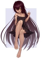 Rule 34 | 1girl, aomoro, artist name, bare legs, bare shoulders, barefoot, black dress, blush, breasts, dark-skinned female, dark skin, dress, feet, highres, long hair, looking at viewer, master nemesis, open mouth, simple background, sleeveless, sleeveless dress, small breasts, solo, to love-ru, to love-ru darkness, toenails, very long hair, yellow eyes