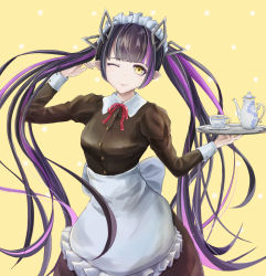 Rule 34 | 1girl, nanashi inc., alternate costume, apron, black dress, black hair, blunt bangs, breasts, buttons, closed mouth, commentary request, cowboy shot, cup, demon girl, demon horns, dress, enmaided, frilled apron, frills, holding, holding tray, horns, kojo anna, long hair, looking at viewer, maid, medium breasts, multicolored hair, neck ribbon, niyo (niyo), one eye closed, pointy ears, purple hair, red ribbon, ribbon, smile, solo, sugar lyric, teacup, teapot, tray, twintails, two-tone hair, very long hair, virtual youtuber, waist apron, white apron, yellow background, yellow eyes