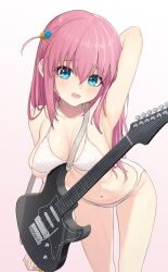 Rule 34 | 1girl, armpits, bangom r, bikini, blue eyes, blush, bocchi the rock!, breasts, cleavage, cube hair ornament, electric guitar, fender stratocaster, gotoh hitori, guitar, hair between eyes, hair ornament, highres, holding, holding instrument, instrument, large breasts, long hair, looking at viewer, mole, mole on armpit, navel, open mouth, pink hair, solo, swimsuit, white bikini