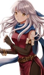 Rule 34 | 1girl, bare shoulders, black pantyhose, dress, fire emblem, fire emblem: radiant dawn, gloves, half updo, long hair, looking at viewer, micaiah (fire emblem), nintendo, pantyhose, ribbon, silver hair, simple background, solo, white background, wspread, yellow eyes