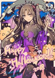 Rule 34 | black hair, bow, breasts, closed mouth, crown, dated, dress, earrings, english text, fate/grand order, fate (series), hair bow, halloween, halloween costume, hand up, happy halloween, highres, ishtar (fate), jack-o&#039;-lantern, jewelry, long hair, long sleeves, looking at viewer, medium breasts, necklace, orange eyes, parted bangs, pumpkin, purple dress, red bow, rioka (southern blue sky), scythe, skull, skull earrings, smile, solo, standing, twitter username, two side up, very long hair