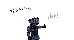 Rule 34 | armor, humanoid robot, joints, looking at viewer, one-eyed, robot, robot joints, self-upload, simple background, thumbs up, ultrakill, v1 (ultrakill), white background