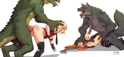 2boys 2girls animal_ears anus arm_up artist_name black_gloves black_jacket black_thighhighs blonde_hair blue_eyes breasts brown_gloves closed_eyes colored_skin commentary commission cropped_jacket d-rex elbow_gloves english_commentary fangs feet_out_of_frame fingerless_gloves furry furry_male furry_with_non-furry glove_cutout gloves gradient_background green_skin grey_background grey_fur hetero highres interspecies jacket large_penis leg_up lizardman long_hair lying multiple_boys multiple_girls navel nipples on_side open_clothes open_jacket orange_hair original penis pushing_down pussy rape red_jacket sex sex_from_behind shadow short_hair size_difference sleeveless sleeveless_jacket small_breasts tail thighhighs tongue tongue_out torn_clothes torn_thighhighs uncensored vaginal werewolf white_background wolf_boy wolf_ears wolf_tail