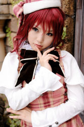 Rule 34 | 1girl, asian, cosplay, dress, esther blanchett, esther blanchett (cosplay), hat, kipi-san, long dress, mole, outdoors, photo (medium), puffy sleeves, red hair, solo, tagme, trinity blood