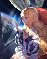 Rule 34 | 1girl, against glass, player character (mabinogi), bare shoulders, black dress, blonde hair, blue eyes, blush, breasts, chair, character request, cheli (kso1564), cleavage, closed mouth, commentary request, curtains, dress, earth (planet), hair between eyes, highres, long hair, long sleeves, looking away, mabinogi, medium breasts, planet, pointy ears, puffy long sleeves, puffy sleeves, sidelocks, signature, sitting, skirt, sky, solo, space, star (sky), starry sky, vehicle interior, very long hair, white skirt