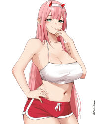 Rule 34 | 1girl, absurdres, bare arms, bare shoulders, blunt bangs, blush, breasts, camisole, cleavage, collarbone, commentary, cowboy shot, crop top, darling in the franxx, green eyes, hairband, hand on own hip, highres, horns, large breasts, long hair, looking at viewer, midriff, navel, pinepin, pink hair, red shorts, short shorts, shorts, simple background, smile, solo, spaghetti strap, standing, stomach, very long hair, white background, white hairband, zero two (darling in the franxx)