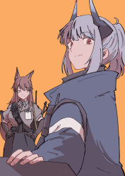 Rule 34 | 2girls, animal ears, arknights, black gloves, black horns, black skirt, brown eyes, brown hair, closed mouth, coat, collared shirt, commentary request, dragon girl, dragon horns, elbow gloves, fingernails, fox ears, fox girl, franka (arknights), gloves, grey coat, grey hair, grey horns, grey shirt, hands on own hips, haruichi (sazanami complex), high collar, horns, light smile, liskarm (arknights), long hair, long sleeves, looking at viewer, looking to the side, medium hair, multiple girls, orange background, ponytail, puffy short sleeves, puffy sleeves, shirt, short sleeves, sideways glance, simple background, skirt, split mouth, turning head