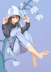 Rule 34 | 10s, 1girl, adjusting clothes, adjusting headwear, barefoot, blue background, blue hat, blue jacket, blue pants, blue theme, breasts, brown hair, feet, floral background, full body, geregere (lantern), girls und panzer, hat, jacket, long hair, looking at viewer, medium breasts, mika (girls und panzer), multicolored clothes, multicolored jacket, pants, pants rolled up, purple eyes, sitting, smile, soles, solo, striped clothes, striped headwear, striped pants, toes, two-tone jacket, white hat