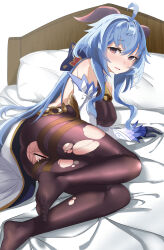 Rule 34 | 1girl, absurdres, aftersex, ahoge, ass, bar censor, bare shoulders, bed, bell, black gloves, black pantyhose, blue hair, blush, bodystocking, bodysuit, bow, breasts, censored, cum, cum in pussy, detached sleeves, feet, ganyu (genshin impact), genshin impact, gloves, gold trim, highres, horns, legs, long hair, looking at viewer, low ponytail, lying, medium breasts, neck bell, no shoes, nose blush, on side, open mouth, pantyhose, pillow, purple eyes, pussy, shinono felca, sidelocks, solo, thighlet, thighs, toes, torn clothes, torn pantyhose, white sleeves