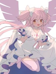 Rule 34 | absurdly long hair, absurdres, blush, bow, choker, commentary request, dress, gloves, hair bow, highres, kaname madoka, layered sleeves, long hair, mahou shoujo madoka magica, open mouth, pink hair, pink thighhighs, pink wings, ruru (rurumagi), short sleeves, smile, solo, swept bangs, thighhighs, two side up, ultimate madoka, very long hair, white bow, white choker, white dress, white gloves, wide sleeves, wings, yellow eyes