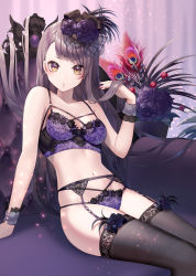 Rule 34 | 1girl, arm support, bare arms, bare shoulders, black hair, black thighhighs, bra, breasts, collarbone, commentary request, garter belt, hand up, lingerie, long hair, looking at viewer, medium breasts, momoshiki tsubaki, nail polish, navel, original, panties, parted lips, purple bra, purple panties, sitting, solo, stomach, string bra, string panties, thighhighs, thighs, underwear, underwear only, wrist cuffs, yellow eyes