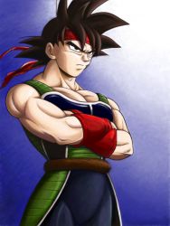 Rule 34 | 1boy, armor, bandana, bardock, black eyes, black hair, blue background, crossed arms, dragon ball, looking away, male focus, masa (p-piyo), scar, serious, simple background, solo, spiked hair, standing, tail, wristband