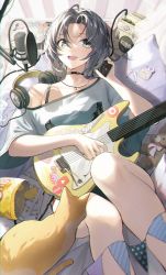 Rule 34 | 1girl, absurdres, bed, black hair, blue eyes, blush, cat, chips (food), choker, film grain, food, guitar, headphones, highres, holding, holding instrument, instrument, josal, looking at viewer, lying, medium hair, microphone, on back, open mouth, original, pen, pillow, sheet music, smile, solo