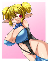 Rule 34 | bad id, bad pixiv id, blonde hair, blush, breasts, cleavage, elbow gloves, gloves, huge breasts, pointy ears, red eyes, short hair, solo, twintails, za (artist)