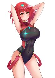 Rule 34 | 1girl, armpits, blush, breasts, competition swimsuit, covered navel, headpiece, highres, jewelry, large breasts, naughty face, nintendo, one-piece swimsuit, pyra (pro swimmer) (xenoblade), pyra (xenoblade), red eyes, red hair, short hair, sidelocks, smug, solo, swimsuit, the only shoe, tiara, white background, xenoblade chronicles (series), xenoblade chronicles 2