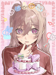 Rule 34 | 1girl, absurdres, cake, food, food on face, highres, holding, holding plate, jacket, kani samurai, light brown hair, long hair, looking at viewer, original, plate, purple eyes, red jacket, solo, track jacket, twintails