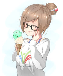 Rule 34 | artist request, black-framed eyewear, closed eyes, food, glasses, hair ornament, hair stick, highres, ice cream, makeup, mei (overwatch), official alternate costume, overwatch, overwatch 1, pajamei, simple background, smile, solo, white background