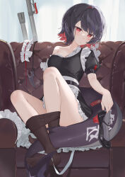 Rule 34 | 1girl, absurdres, black dress, black hair, breasts, closed mouth, clothes pull, colored inner hair, couch, dress, ellen joe, fins, fish tail, frilled dress, frills, full body, highres, holding, holding shoes, looking at viewer, medium breasts, multicolored hair, nail polish, no shoes, on couch, pantyhose, pantyhose pull, puffy short sleeves, puffy sleeves, red eyes, red hair, red nails, shark tail, shoes, short hair, short sleeves, sitting, solo, tail, toenail polish, toenails, wxyl, zenless zone zero