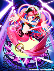 Rule 34 | 1girl, cardfight!! vanguard, company name, fins, hat, head fins, heart, long hair, mekameka shii, mermaid, microphone, midriff, monster girl, nail polish, navel, official art, one eye closed, open mouth, pink hair, pirate hat, rainbow light carine, sitting, solo, tattoo, twintails