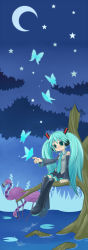 Rule 34 | aqua hair, bad id, bad pixiv id, bird, boots, bug, butterfly, crescent moon, detached sleeves, fish, flamingo, hatsune miku, headset, highres, in tree, insect, long hair, long image, moon, necktie, sitting, sitting in tree, solo, star (symbol), tall image, tamachro, thigh boots, thighhighs, tree, twintails, very long hair, vocaloid, water