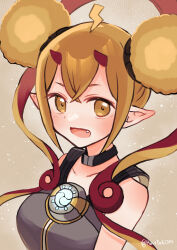 Rule 34 | 1girl, :d, absurdres, afro puffs, ahoge, bare shoulders, blonde hair, breasts, brown dress, chest jewel, collared shirt, crossed bangs, dress, electra (xenoblade), fang, haruto yuki, highres, horns, looking at viewer, medium breasts, open mouth, pointy ears, shirt, smile, solo, xenoblade chronicles (series), xenoblade chronicles 2, yellow eyes