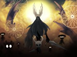 Rule 34 | 2others, back-to-back, cloud, grey cloak, highres, holding, holding weapon, hollow knight, horns, knight (hollow knight), multiple others, okame nin, radiance (hollow knight), shade (hollow knight), standing, sun, weapon