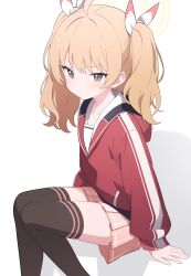 Rule 34 | 1girl, absurdres, ahoge, black thighhighs, blonde hair, blue archive, brown eyes, brown skirt, closed mouth, commentary request, feet out of frame, hair ribbon, halo, highres, jacket, jyt, knees together feet apart, long sleeves, looking at viewer, pleated skirt, puffy long sleeves, puffy sleeves, red jacket, ribbon, sailor collar, sitting, skirt, sleeves past wrists, solo, thighhighs, track jacket, twintails, v-shaped eyebrows, white background, white ribbon, white sailor collar, yoshimi (blue archive)