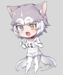 Rule 34 | 1girl, :3, ahoge, animal ears, blue eyes, blush, breasts, brown eyes, chibi, collar, collarbone, dog (mixed breed) (kemono friends), dog ears, dog tail, elbow gloves, fang, full body, gloves, grey background, grey hair, heterochromia, kemono friends, looking away, medium breasts, multicolored hair, nyifu, open mouth, pantyhose, shirt, short hair, simple background, smile, solo, tail, tail wagging, white gloves, white hair, white pantyhose, white shirt