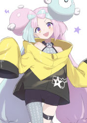 Rule 34 | 1girl, :d, absurdres, black shorts, blush, character hair ornament, commentary request, cowboy shot, creatures (company), game freak, gazacy (dai), green hair, grey pantyhose, grey shirt, hair ornament, happy, highres, iono (pokemon), jacket, long hair, nintendo, open mouth, pantyhose, pokemon, pokemon sv, purple eyes, purple hair, sharp teeth, shirt, shorts, single leg pantyhose, sleeveless, sleeveless shirt, smile, solo, star (symbol), teeth, thigh strap, twintails, upper teeth only, yellow jacket