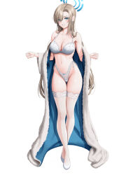 Rule 34 | 1girl, absurdres, asuna (blue archive), blonde hair, blue archive, blue eyes, blue robe, bra, breasts, collarbone, doenji (auto7233), earrings, eyes visible through hair, full body, fur-trimmed robe, fur trim, gluteal fold, grin, groin, hair over one eye, halo, highleg, highleg panties, highres, jewelry, large breasts, long hair, mole, mole on breast, navel, panties, robe, simple background, smile, solo, stomach, teeth, thigh gap, thighhighs, underwear, very long hair, white background, white bra, white panties, white thighhighs