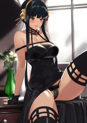 Rule 34 | 1girl, bare shoulders, black choker, black dress, black gloves, black hair, black panties, black thighhighs, blazingchaos, breasts, choker, cleavage, dress, fingerless gloves, flower, gloves, gold hairband, hair flower, hair ornament, hairband, highres, knee up, large breasts, leaning back, long hair, panties, parted lips, red eyes, rose, sidelocks, sitting, smile, solo, spikes, spy x family, teeth, thighhighs, thighs, underwear, upper teeth only, vase, yor briar